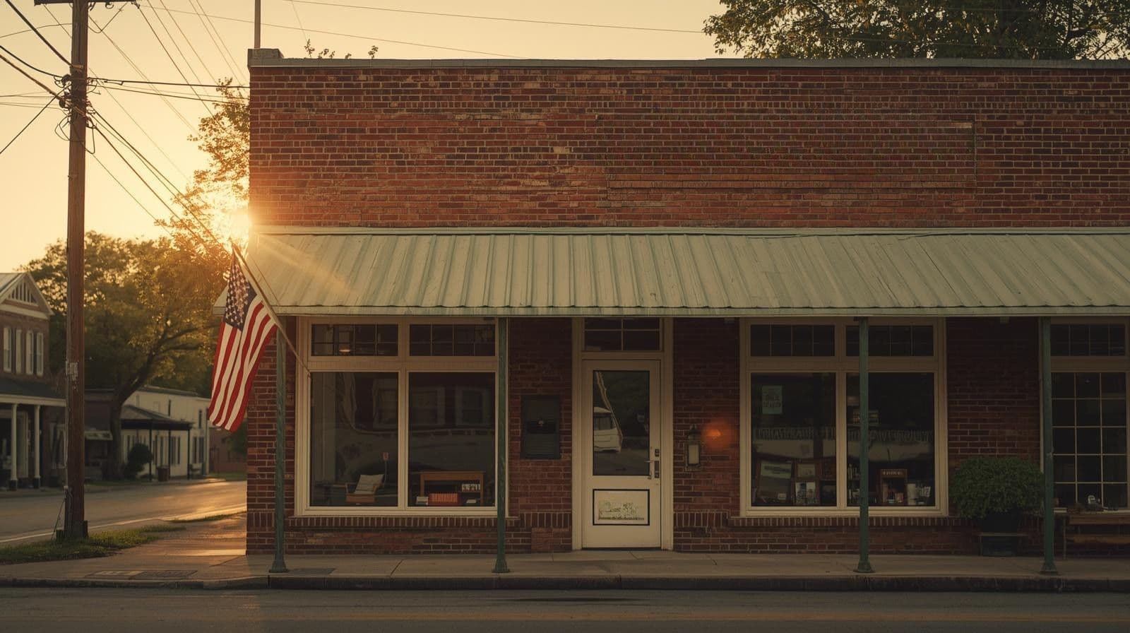 A warm sunset view of a brick storefront on a quiet Southern main street with an American flag